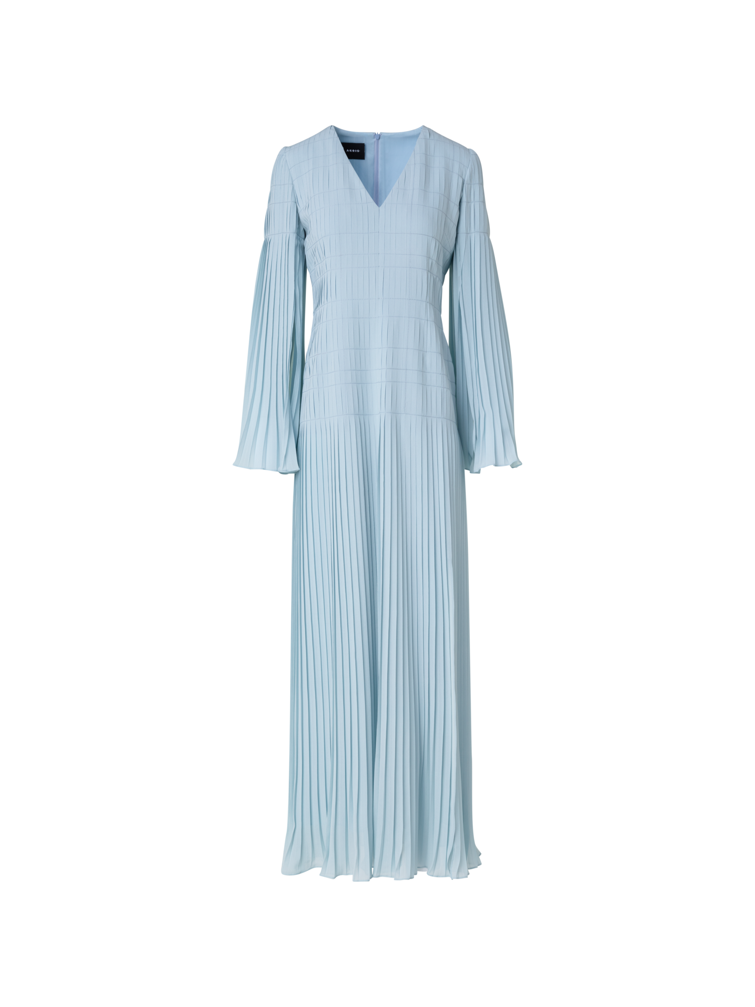 Long Pleated Gown with Long Flared Sleeves