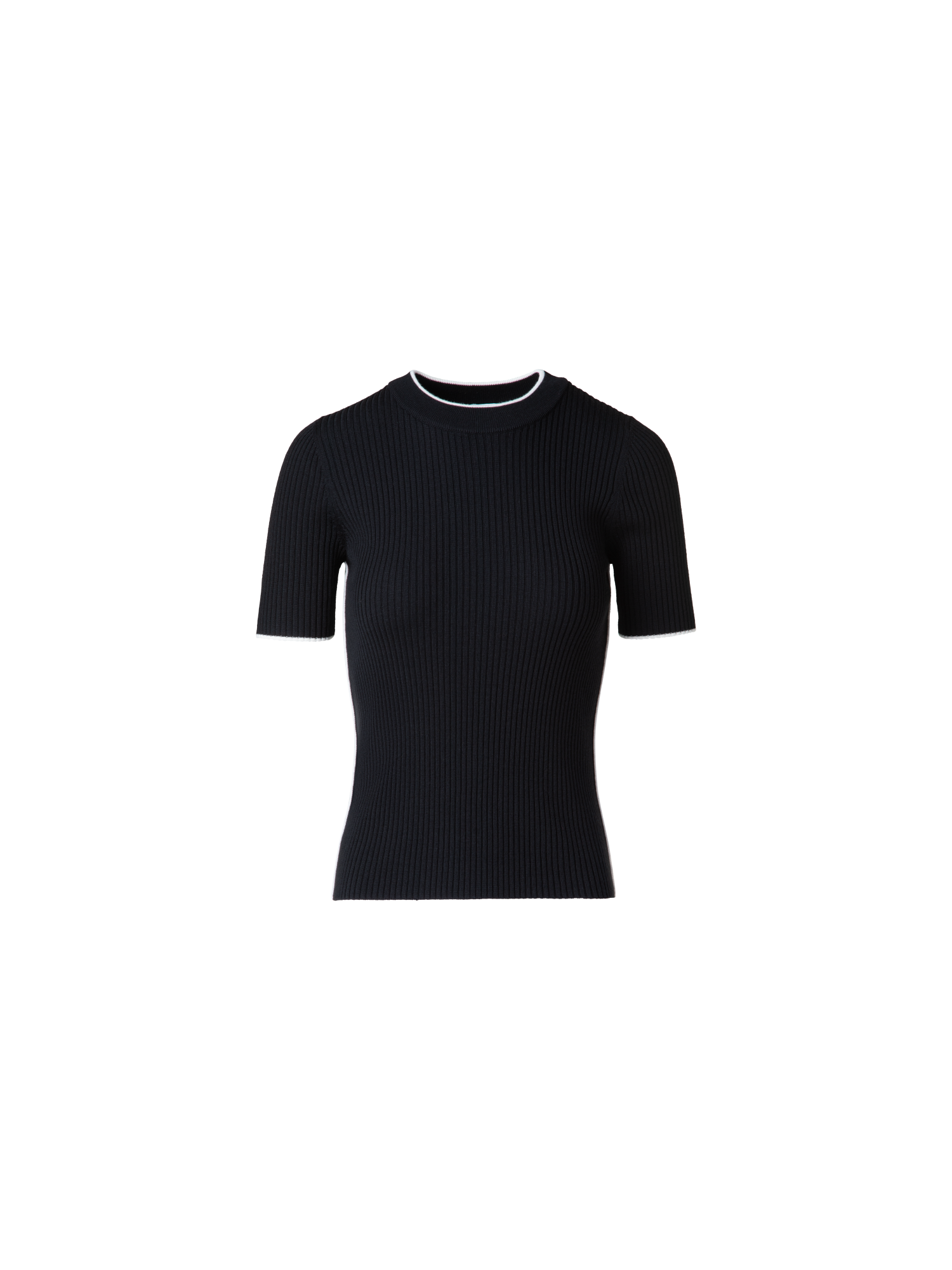 Short Sleeve Virgin Wool Sweater with Piping