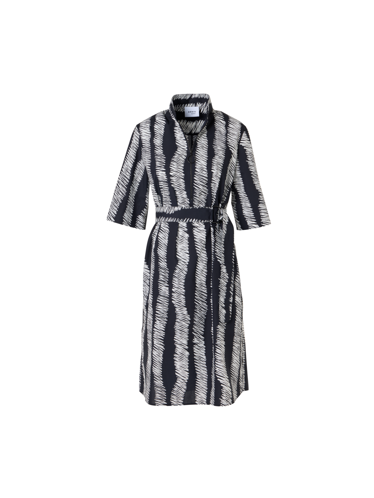 Belted Scribble Wave Print Cotton Shirt Dress