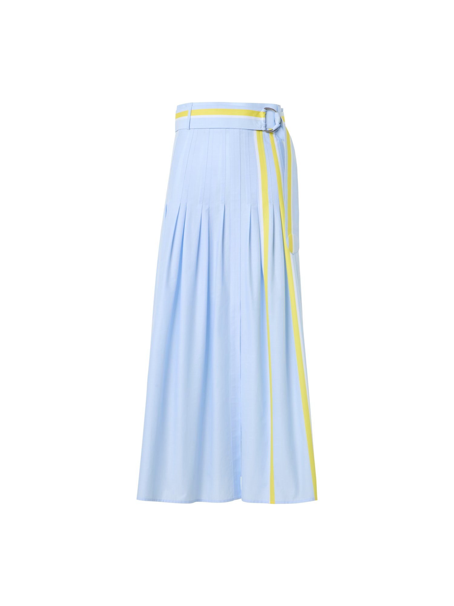 Pleated Striped Cotton Chambray Midi Skirt with Belt