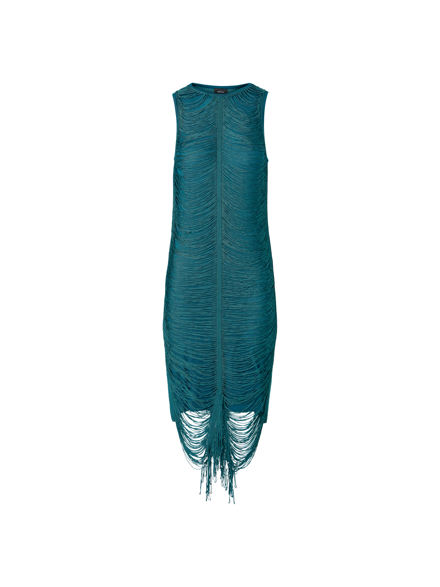 Sleeveless Fringe Drape Knit Sheath Dress in Silk